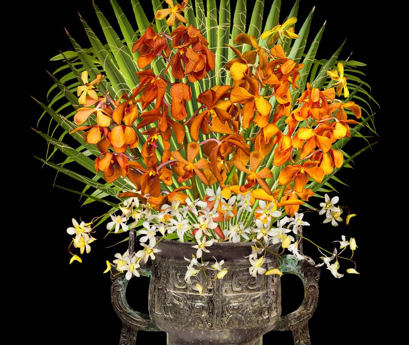 Bronze Gui Vessel with Orange Orchids